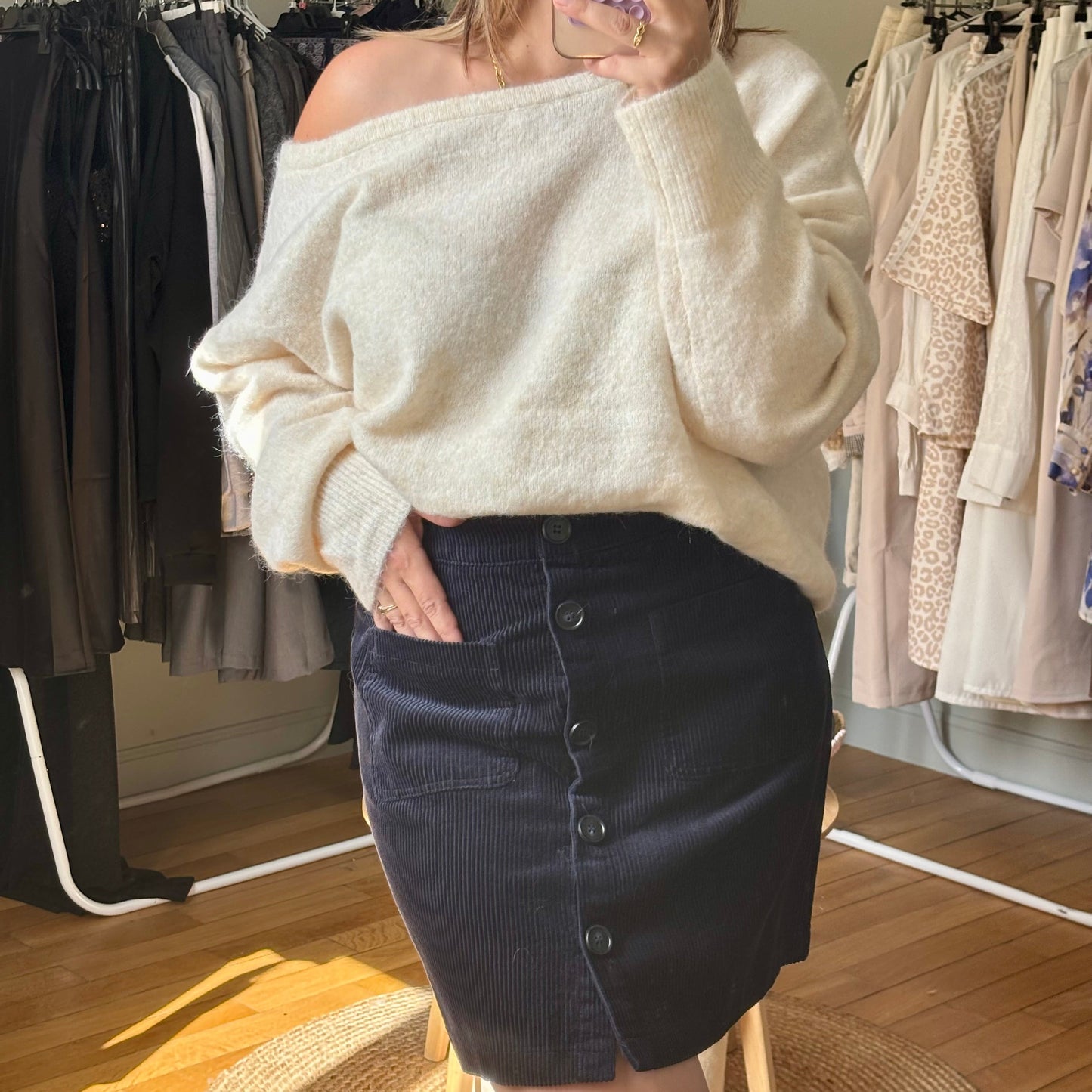 Jupe en velours côtelé bleu marine