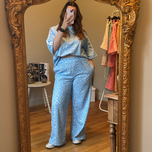 Ensemble jogging léopard bleu ciel manche 3/4