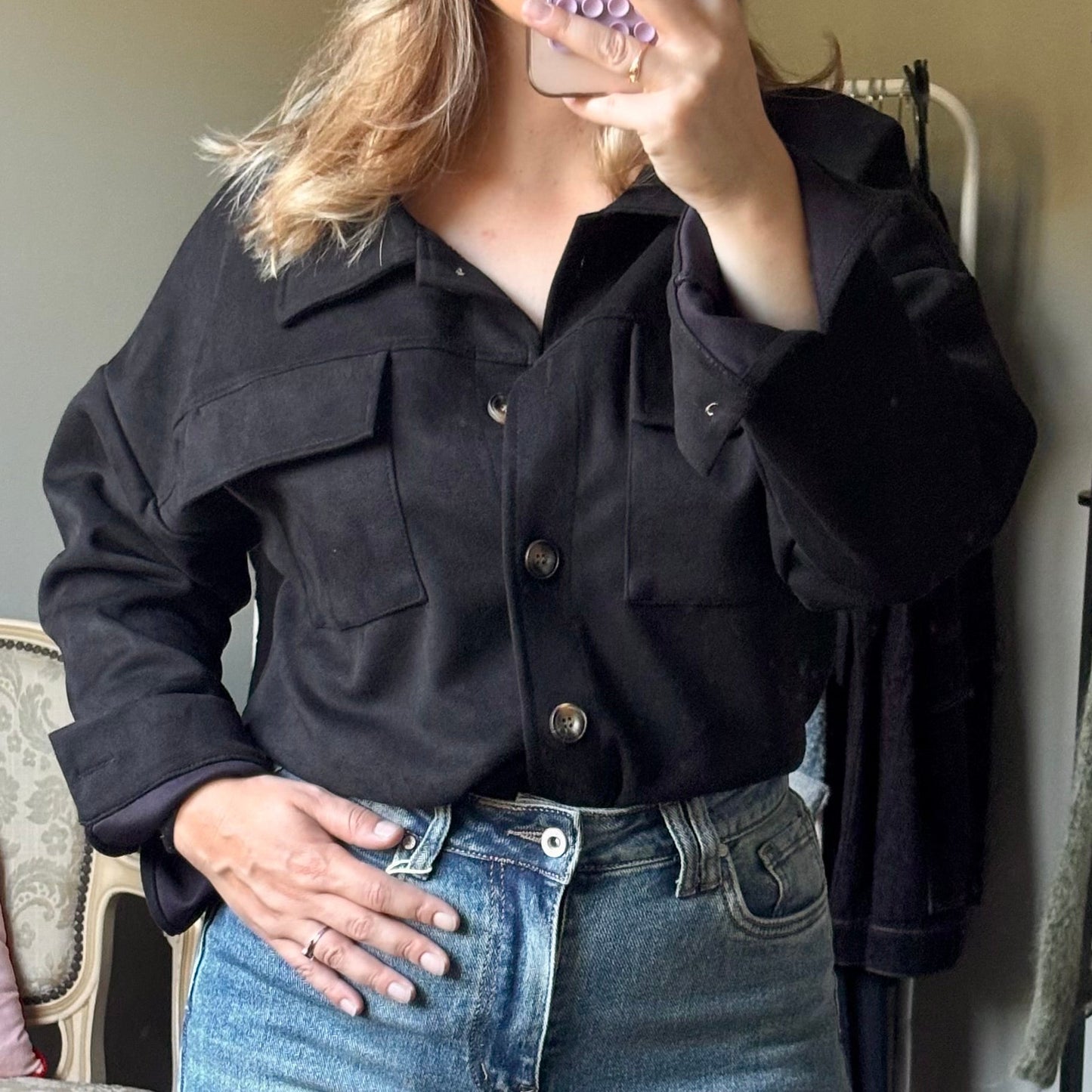 Veste chemise coupe oversize suédine noire