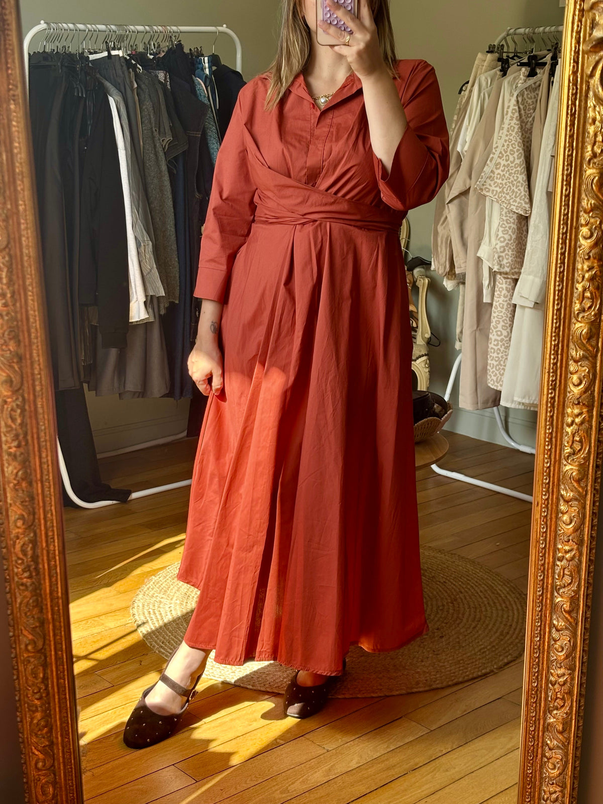 Robe chemise longue orangé/rouille