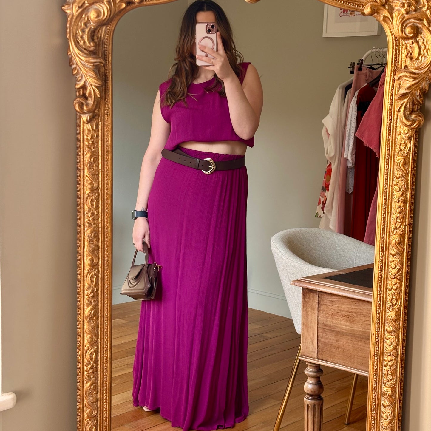 Ensemble jupe longue & top mauve