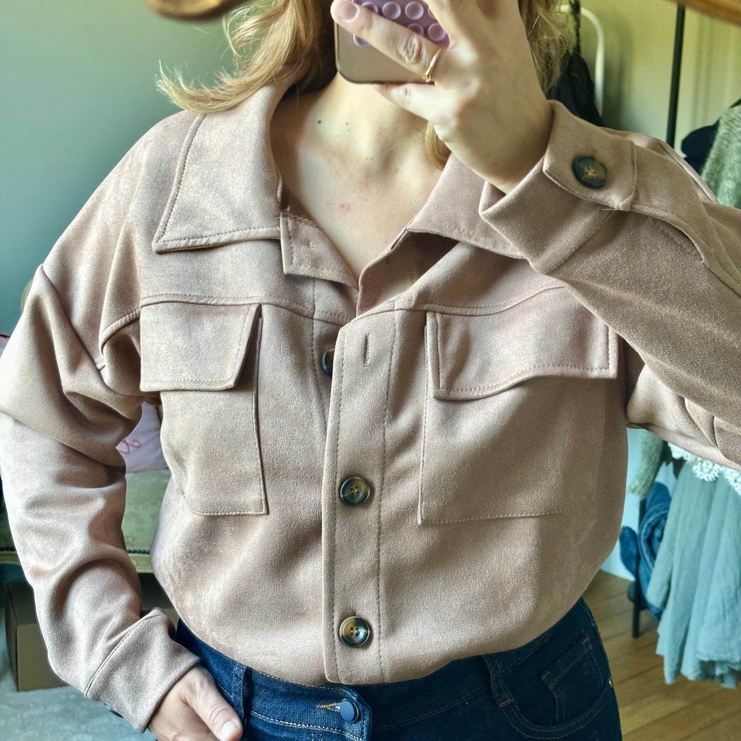Veste chemise coupe oversize suédine camel
