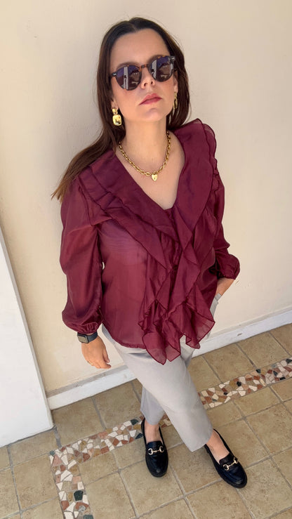 Chemise satinée beige ou bordeaux