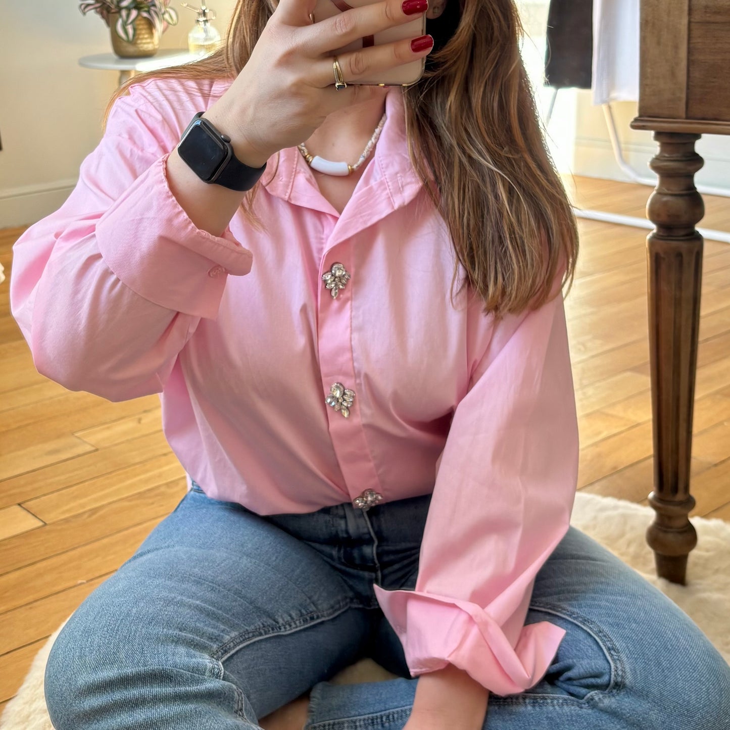Chemise rose boutons bijoux