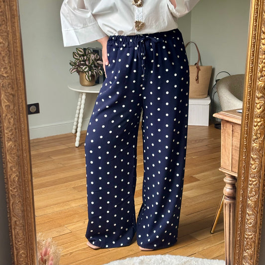 Pantalon fluide marine à pois